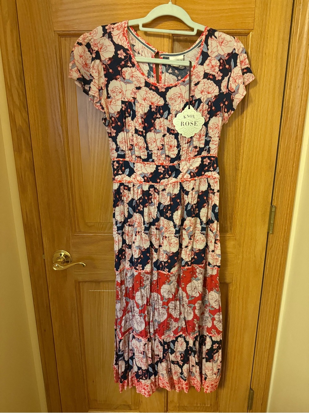 Knox Rose Navy and Coral Floral Tiered Midi Dress